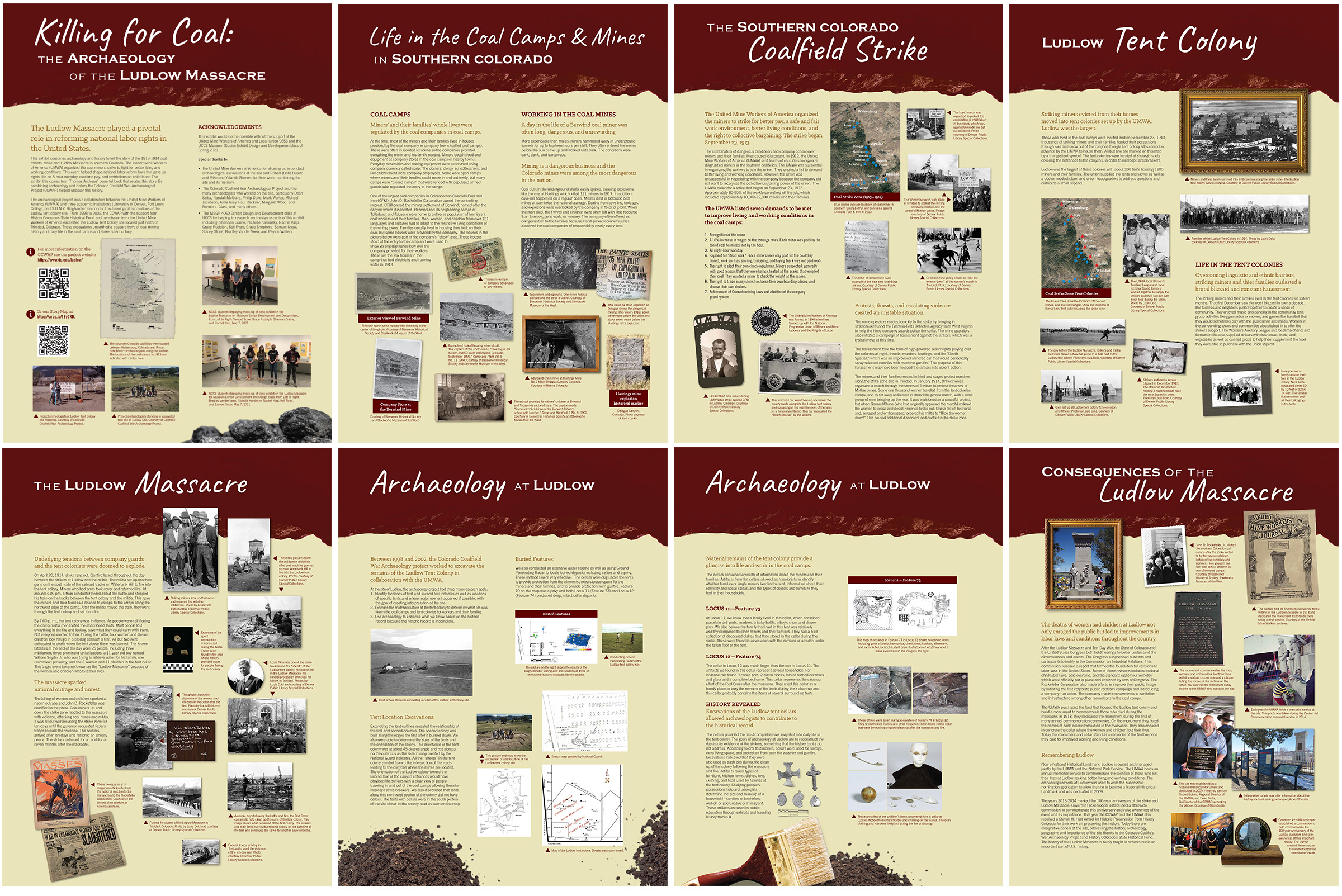eight large printed panels for museum exhibit describing the Ludlow Massacre timeline and subsequent archaeology