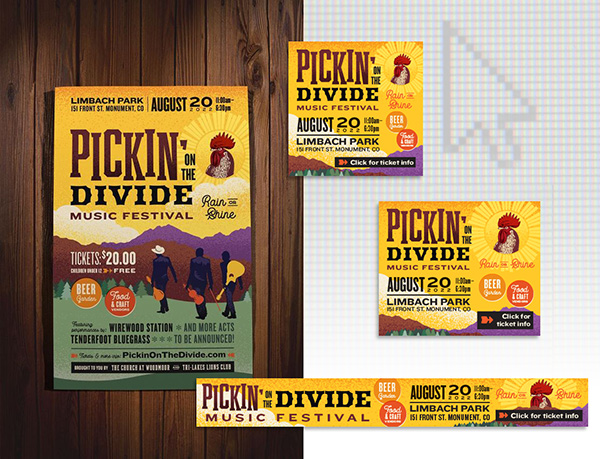 advertising designs for poster and digital banner ads for Pickin' on the Divide music festival