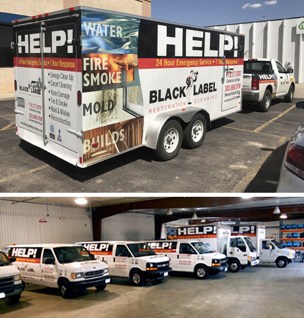 image of various trailer, van and box truck vehicle wraps for restoration and cleaning company