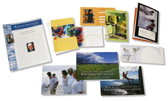 marketing mailers, print newsletters, and event invitations for a financial advisor