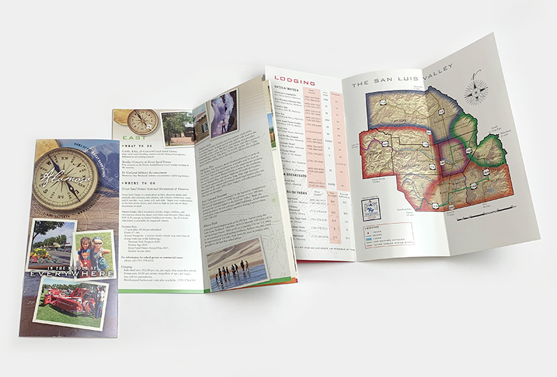 front and back views of tourism booklet with map for Alamosa County in Colorado