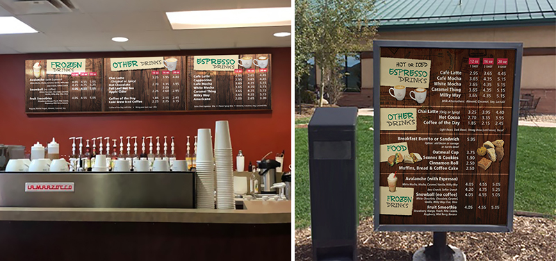 photos of coffee shop menu boards inside and exterior drive up