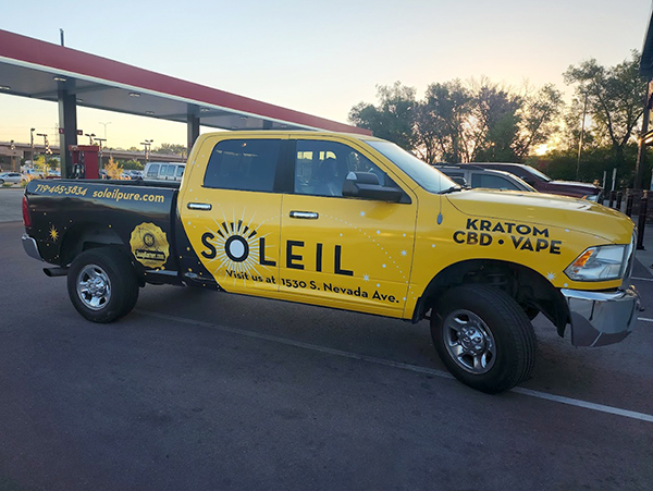 photo of branded vehicle wrap for Soleil pickup truck