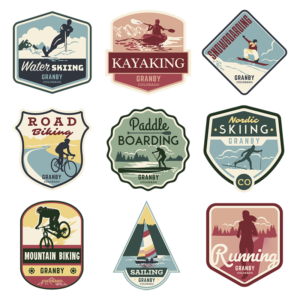 set of nine activity badge illustrations for Town of Granby Colorado tourism