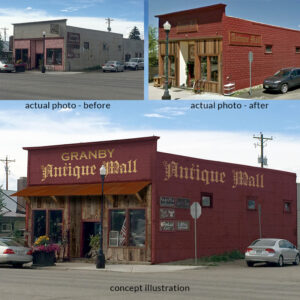 Concept illustration of retail exterior refurbishment and updates for Granby antique mall