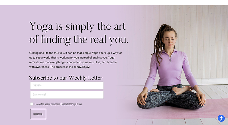 web landing page for yoga instructor