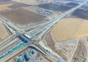 drone aerial photo of interstate 25 interchange at Johnstown Colorado looking southeast