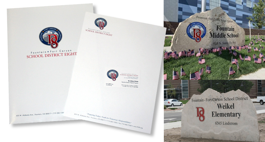 branded stationery set and signage for Fountain Fort Carson School District 8 in Colorado Springs