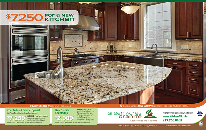 double page magazine spread ad featuring a kitchen with new granite countertops
