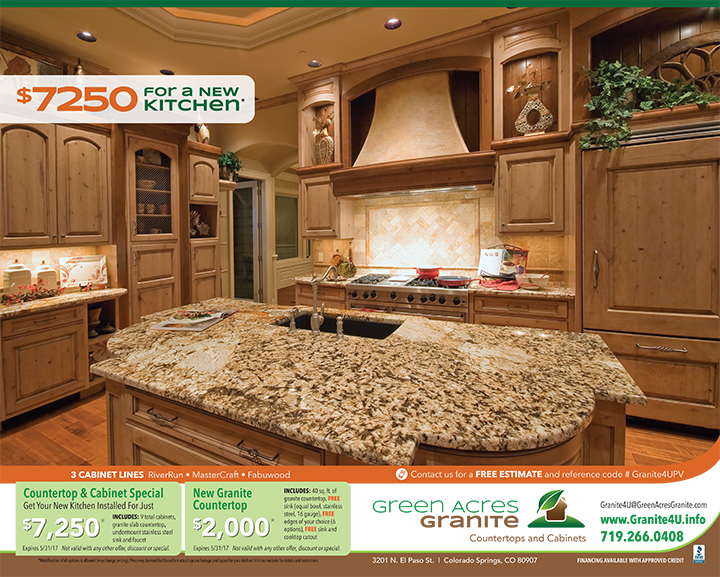 double page magazine spread ad featuring a kitchen with new granite countertops