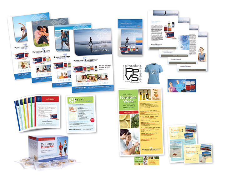 vitamin supplement marketing collateral including posters, flyers, catalogs, t-shirts, mailers and packaging