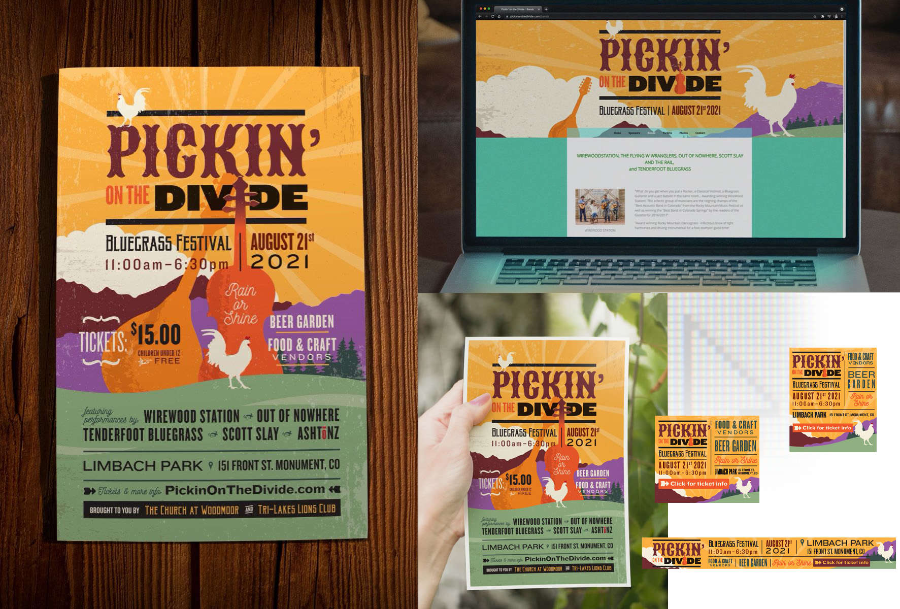 designs for poster, flyers, web site and digital banner ads for Pickin' on the Divide music festival