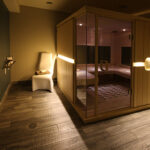 sauna room with subdued lighting