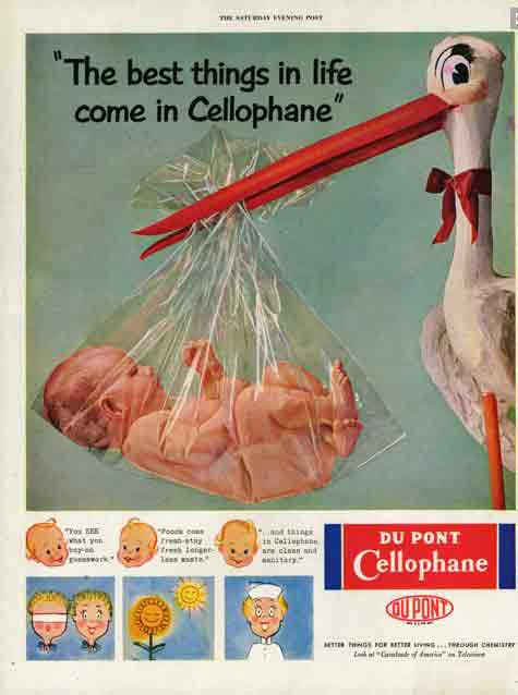 vintage magazine ad showing a stork carrying a baby cradled in a clear bag with the headline "The best things in life come in Cellophane"
