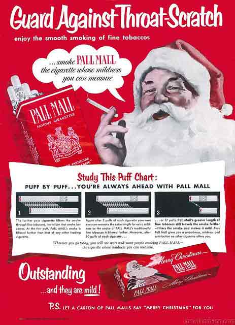 vintage print ad for cigarettes featuring Santa Claus asking you to smoke Pall Mall cigarettes