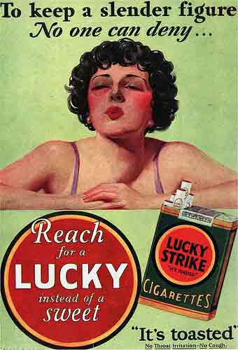 Vintage Lucky Strike cigarette ad featuring woman with the headline "To keep a slender figure, no one can deny... reach for a Lucky instead of a sweet"