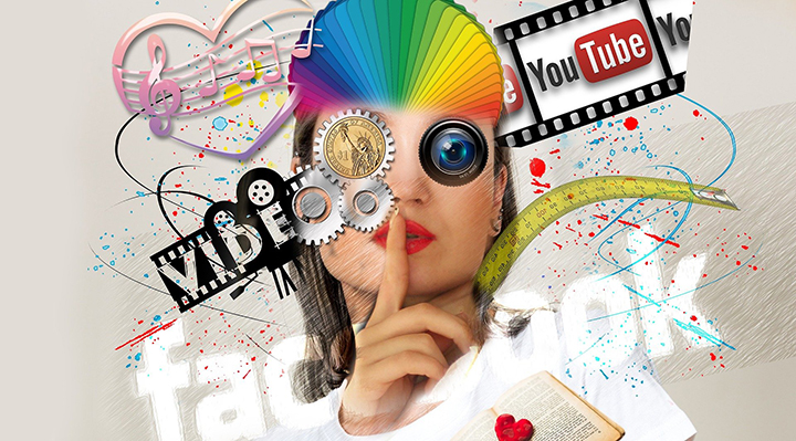 collage image of woman surrounded by images artwork and social media logos