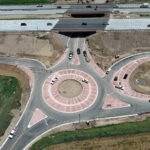 drone aerial image of Larimer County Road 16 roundabout at Interstate 25 in Larimer County Colorado
