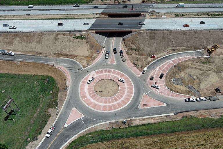 drone aerial photography of Larimer County Road 16 roundabout at Interstate 25 in Larimer County Colorado