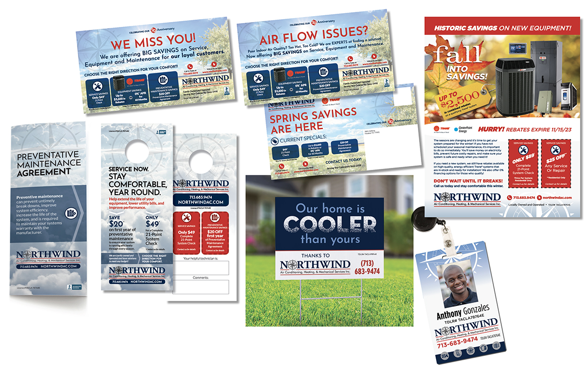 Martketing collateral for Northwind Air Conditioning including mailers, door hangers, flyers, brochures and yard signs