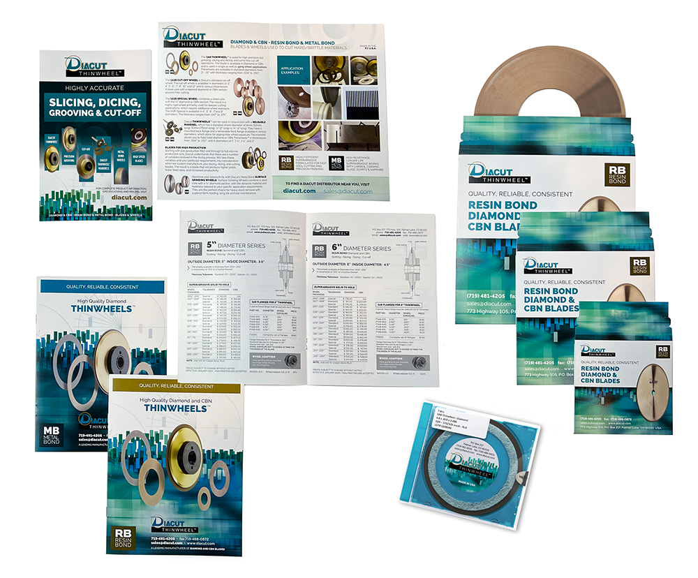 Marketing collateral for Diacut Inc. including price catalogs, mailers, cutting blade sleeves, and stickers