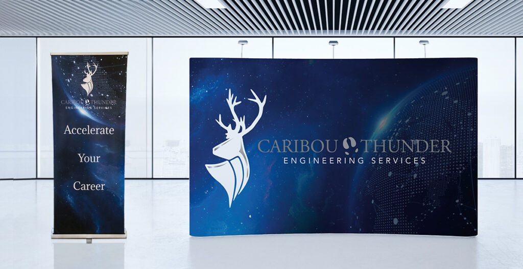10 foot full color curved trade show backdrop and banner stand for Caribou Thunder