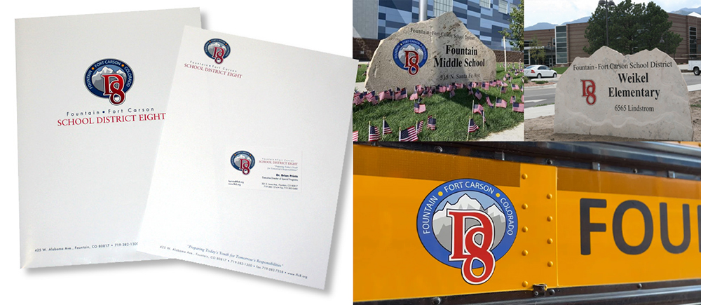 branded stationery set, signage and school bus for Fountain Fort Carson School District 8 in Colorado Springs