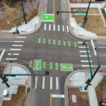 Aerial image of West 46th Ave. and Zuni St. in Denver Colorado showing new bike lane with pavement markings