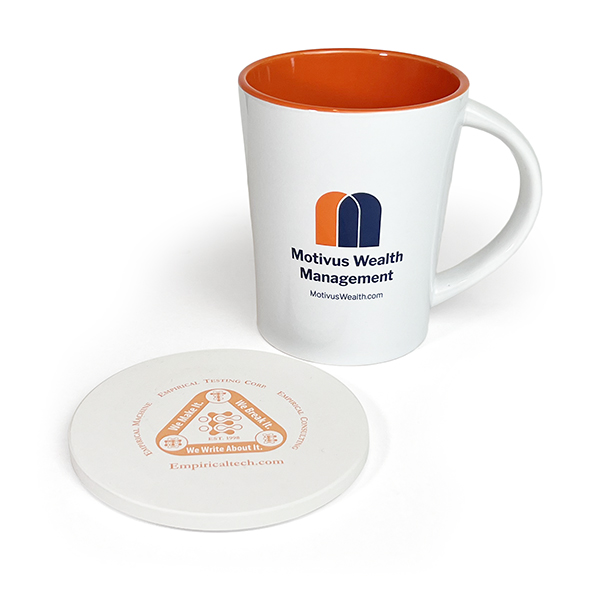 Imprinted drinkware featuring a coffee mug and a stone coaster