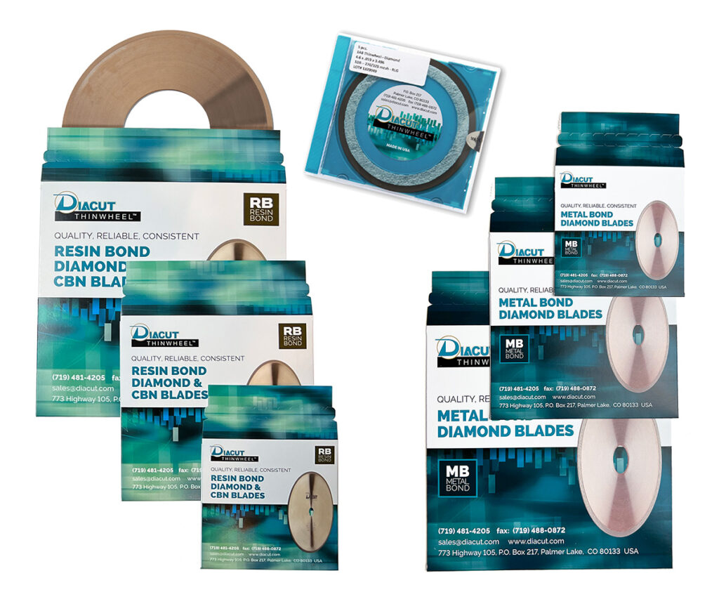Diacut cutting and grinding blade sleeve packages for resin bond and metal bond.