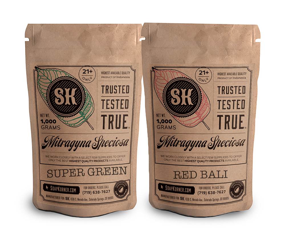 Product package design for SK Mitragyna Speciosa Kilo pouches.