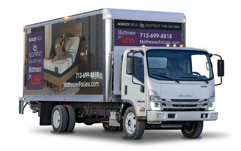 White box truck with full color vinyl graphic wrap advertising Mattresses for Less and Serta icomfort products.