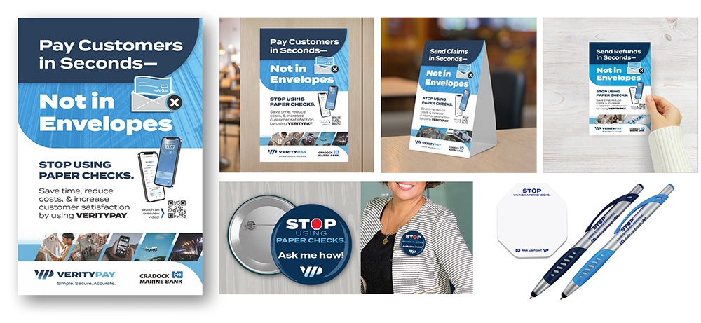 Set of print collateral for a VerityPay B2B marketing kit, including a poster, handout, table tent, pinback button, sticky pad, and imprinted pens.