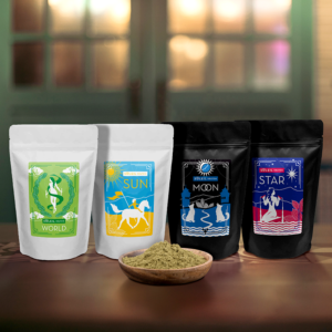 Product packaging: labels applied to pouches using a tarot card motif