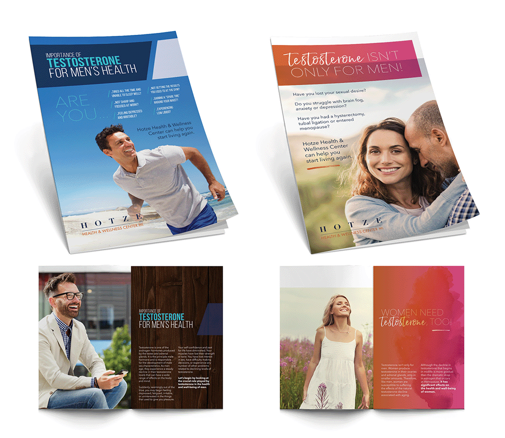 Two versions (for male or female patients) of a brochure regarding testosterone's importance for health.